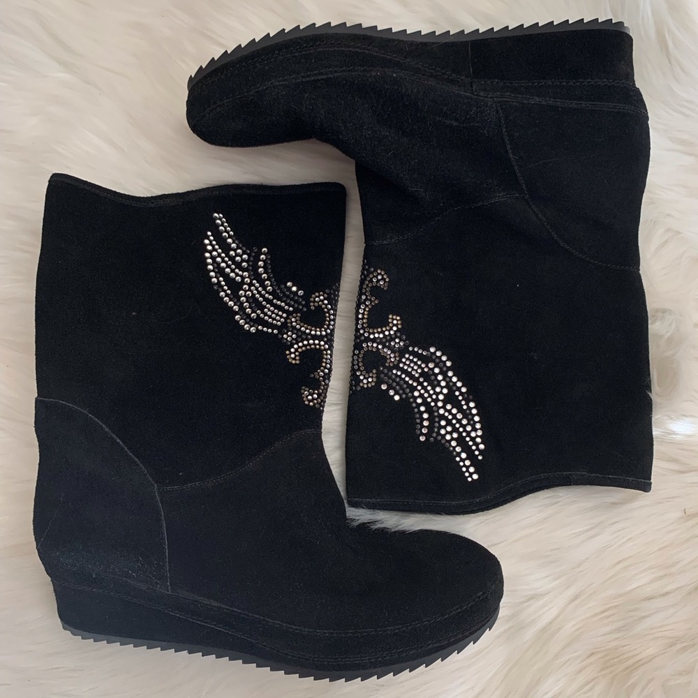 Reba Black Suede Boots with Winged Rhinestone Accents